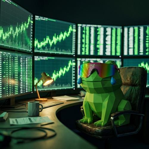MOG TOAD at a trading desk covered in green candle charts