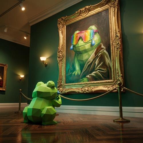 MOG TOAD in a museum looking at his own portrait