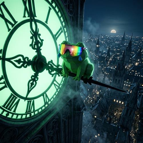 MOG TOAD hanging from a giant clock tower