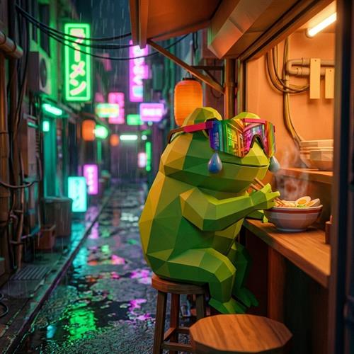 MOG TOAD eating ramen in a neon alley