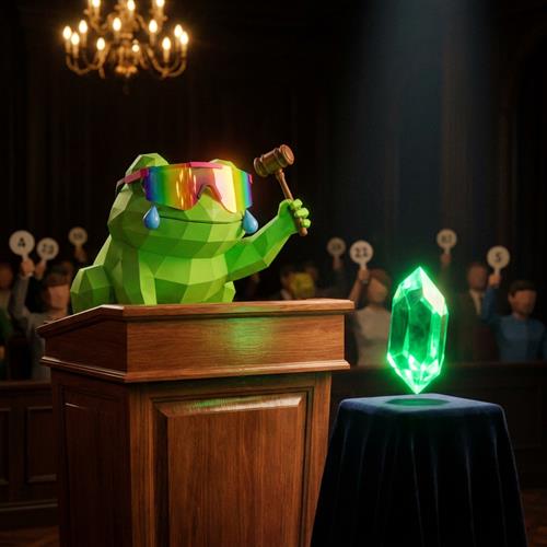 MOG TOAD banging a gavel at an auction over a glowing green gem