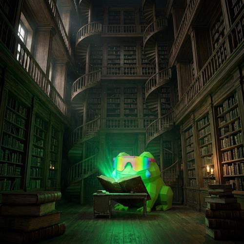 MOG TOAD reading in a vast old library