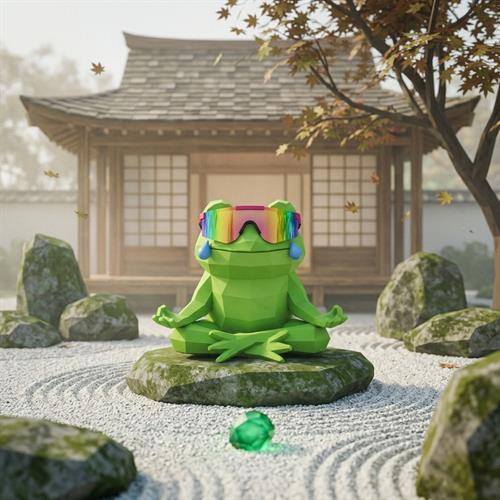 MOG TOAD meditating in a Japanese rock garden