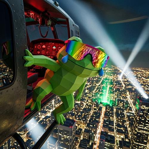 MOG TOAD hanging out of a helicopter over a city